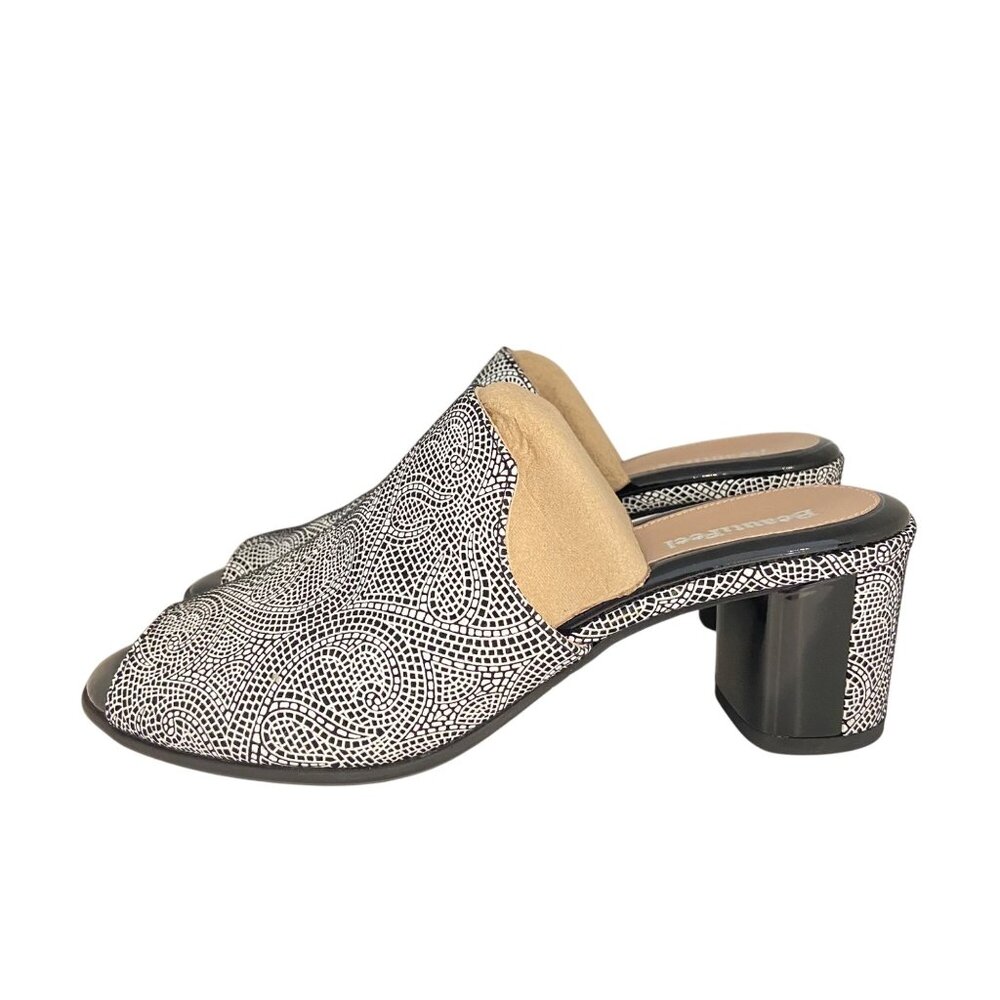 Beautifeel Black & White Open-Toe Block Heel Mules With Geometric Design size 37